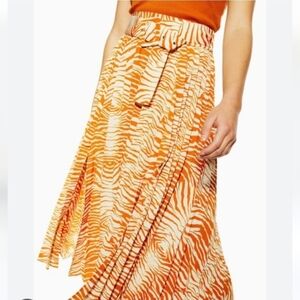 Topshop Orange & Cream Zebra Print Pleated Midi Skirt with Detachable Belt, Sz 8